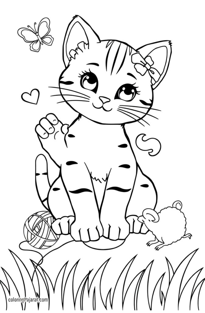 Line art of kitten surrounded by flowers in a garden