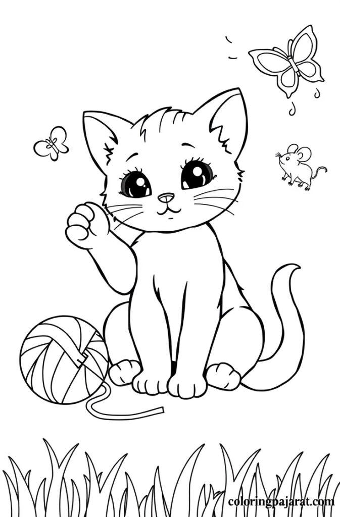 Cute kitten with yarn ball, butterflies, and mouse in a playful coloring page scene