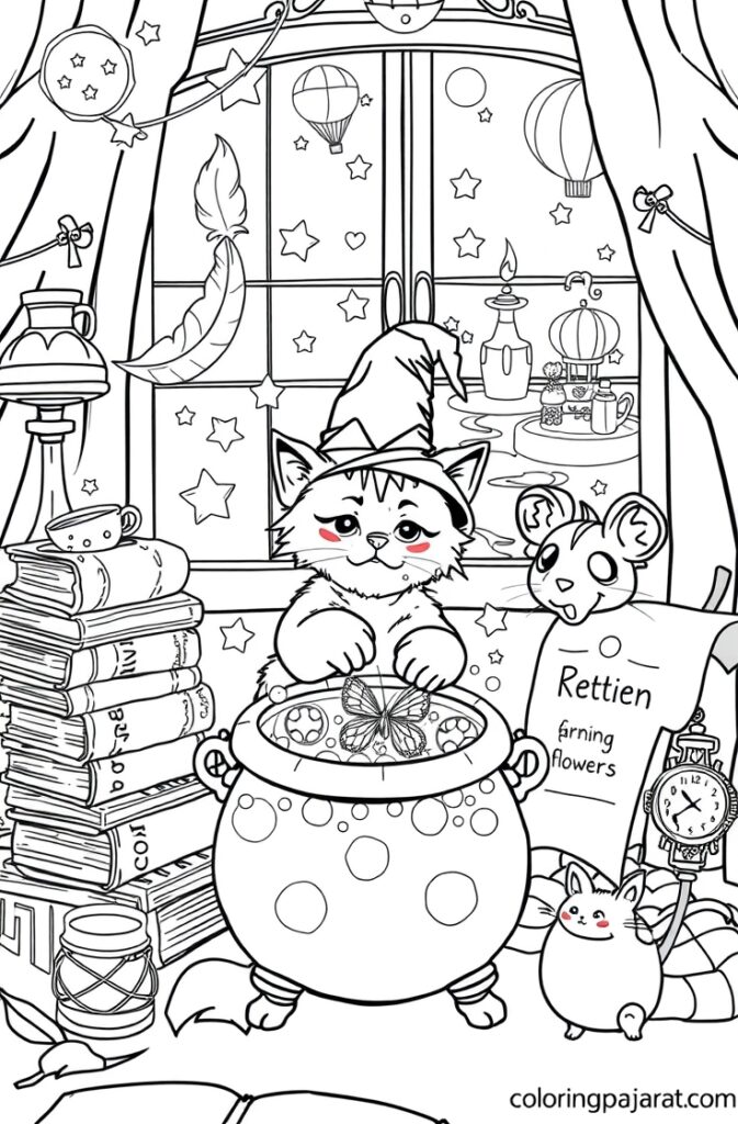 Kitten with a yarn ball, line art coloring image.