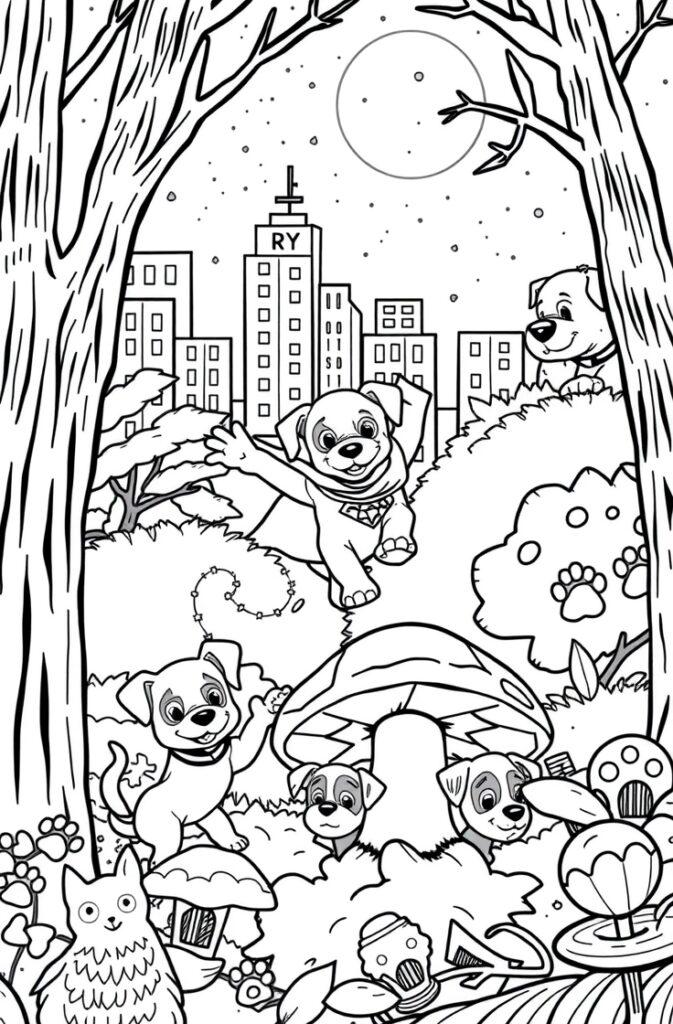 Cartoon puppy in doghouse coloring page.