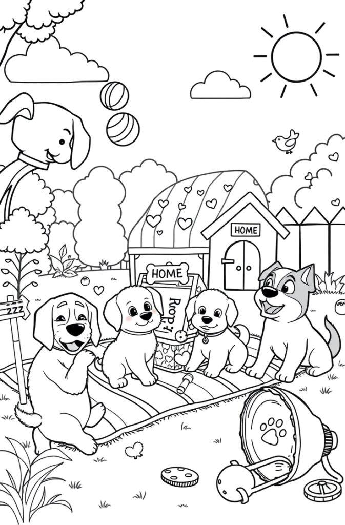 Fluffy puppy sitting with a ball – free pet coloring page.
