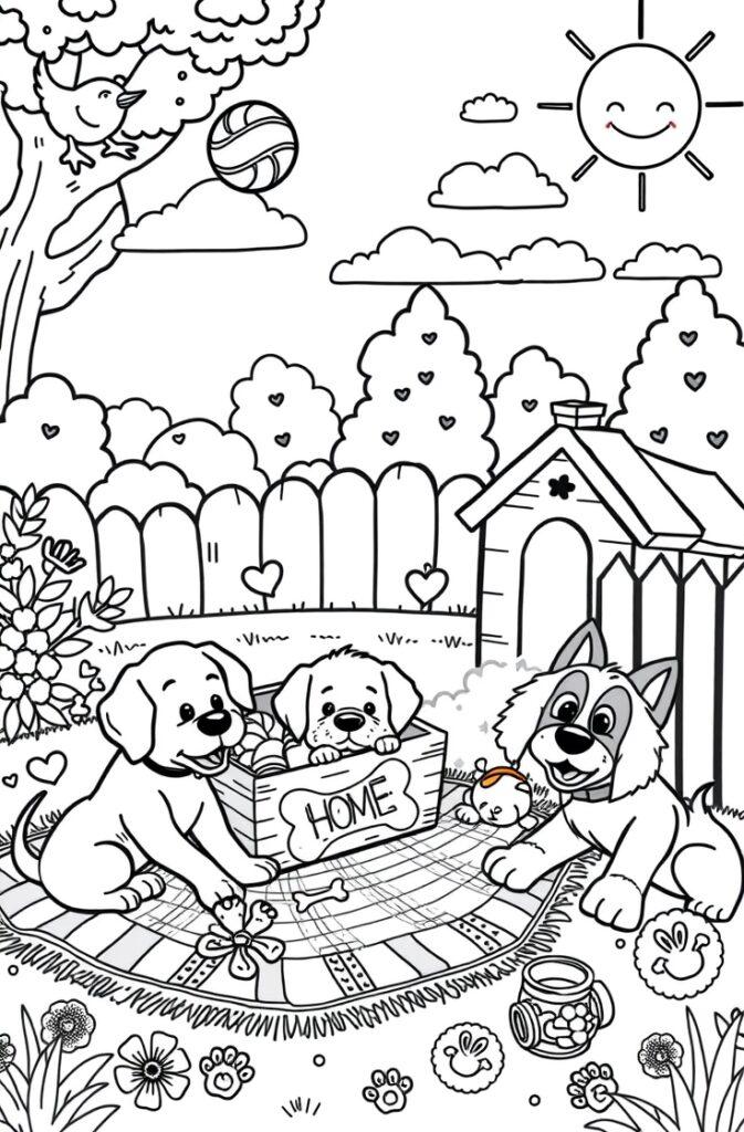 Cartoon puppy holding a bone in its mouth, ideal for coloring fun.