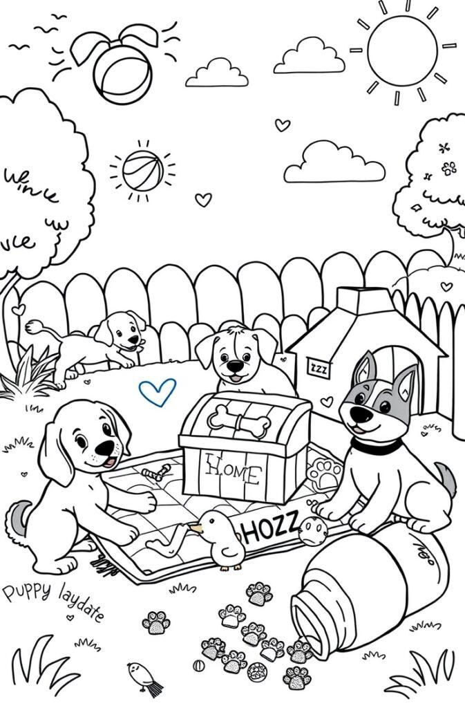 Playful puppy running with excitement, black and white outline for kids.