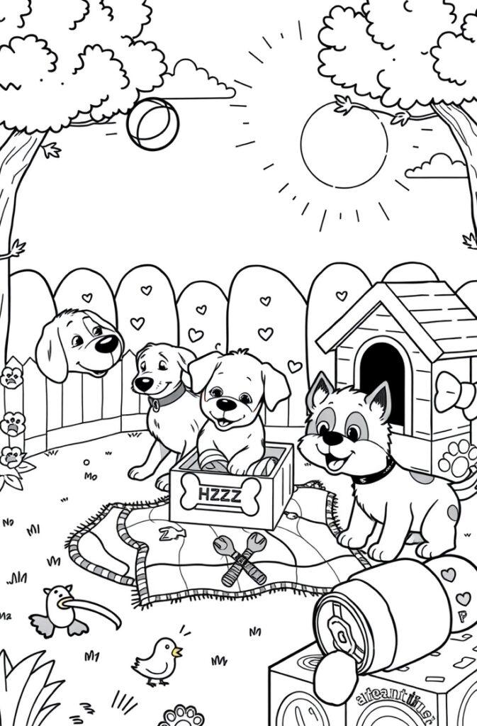 A sleepy puppy lying down with closed eyes, line art for coloring.