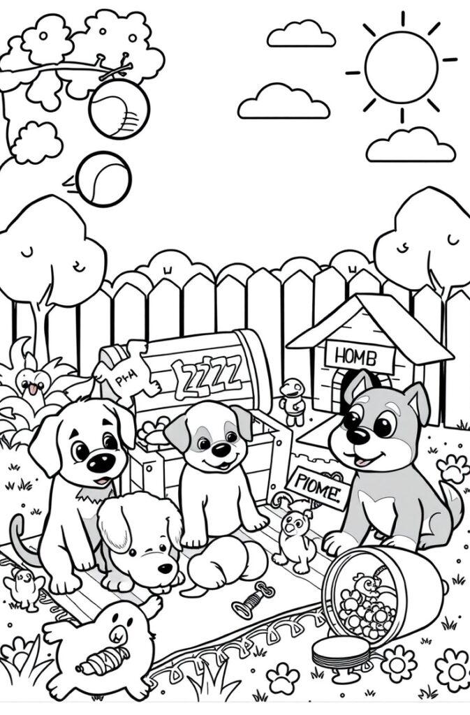 Curious puppy looking at a butterfly, perfect for children’s coloring activities.
