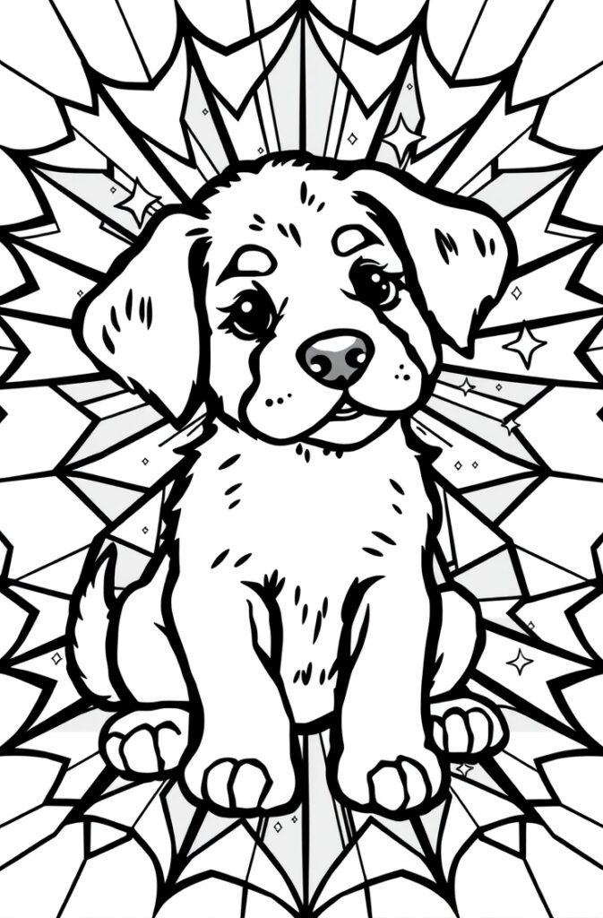 Puppy wearing a birthday hat with a gift box, festive coloring pages.