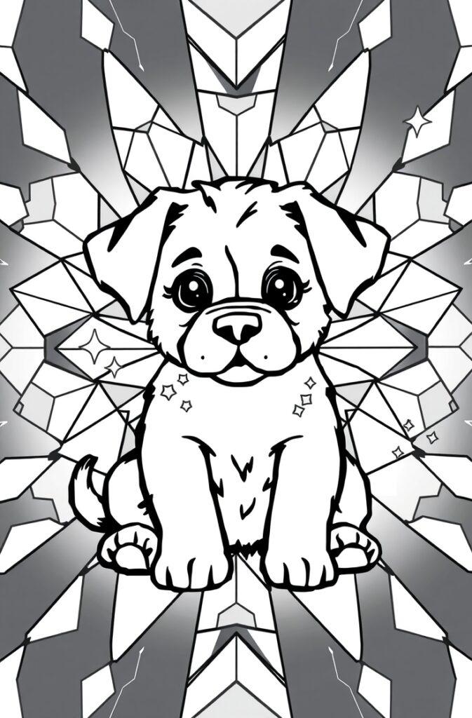 Energetic puppy playing with a ball, outlined drawing for kids.
