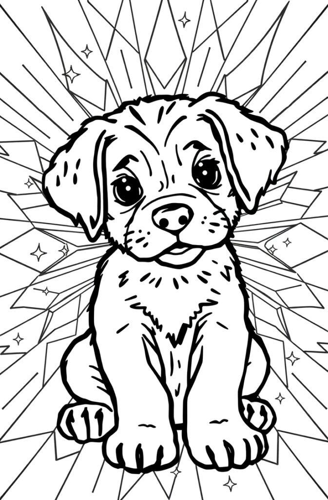 Puppy surrounded by flowers and grass in a garden, line art for coloring.