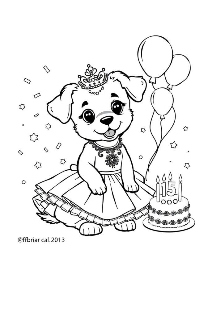 Cute cartoon puppy celebrating a birthday with a cake and balloons.