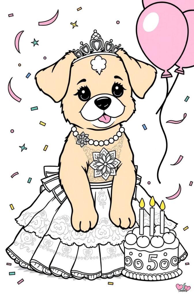 Adorable puppy in a princess costume with a gift and party background.