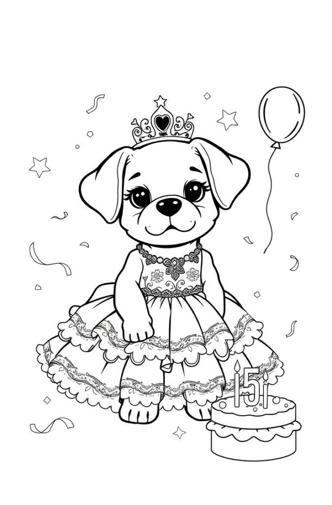 Playful puppy at a party table with cupcakes and decorations.