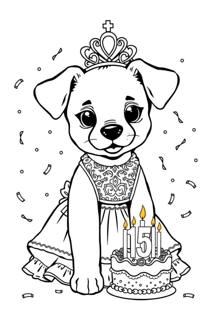 Cute puppy in a crown and tutu standing beside a birthday cake.