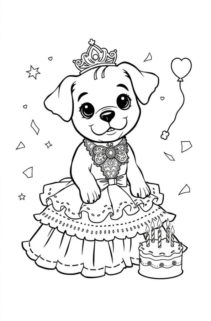 Happy puppy in a party hat blowing a party horn with balloons.