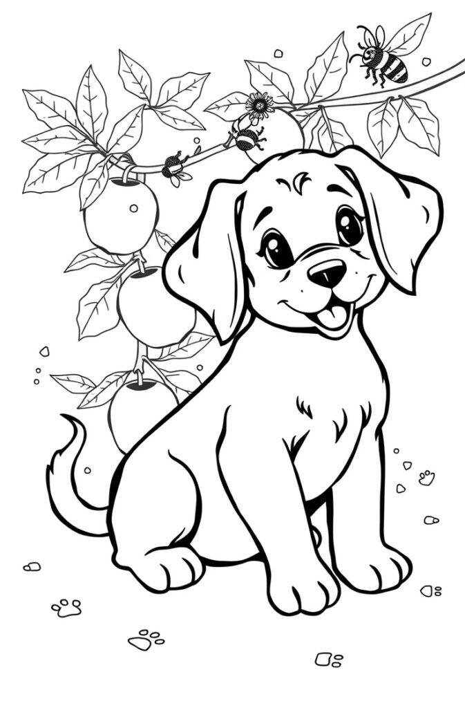 Dressed-up puppy holding a gift with balloons in the background.