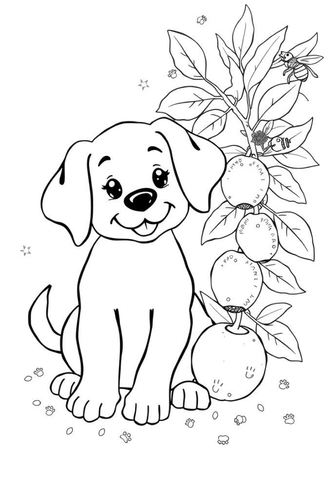 Puppy with a basket of fruit under a fruit-laden tree.