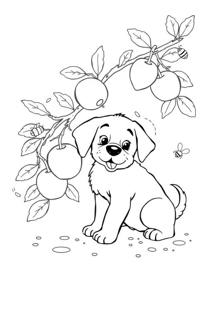 Cheerful puppy blowing a party horn with confetti everywhere.