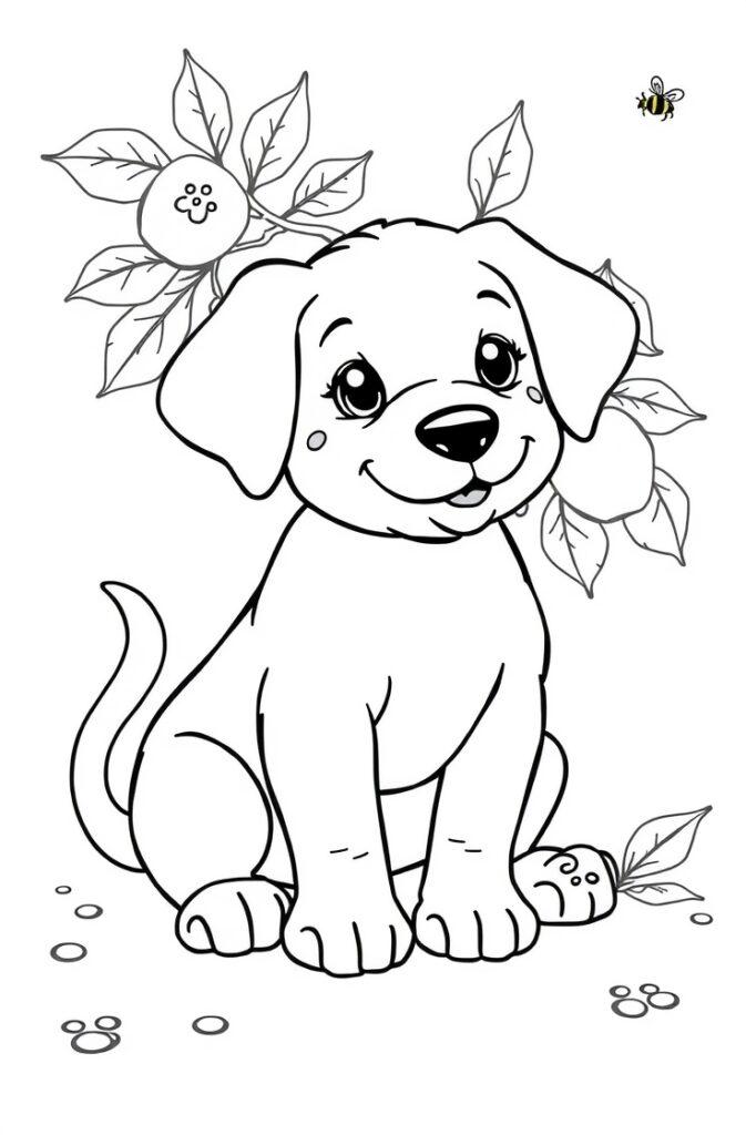 Printable puppy coloring page featuring a cute dog playing with a ball