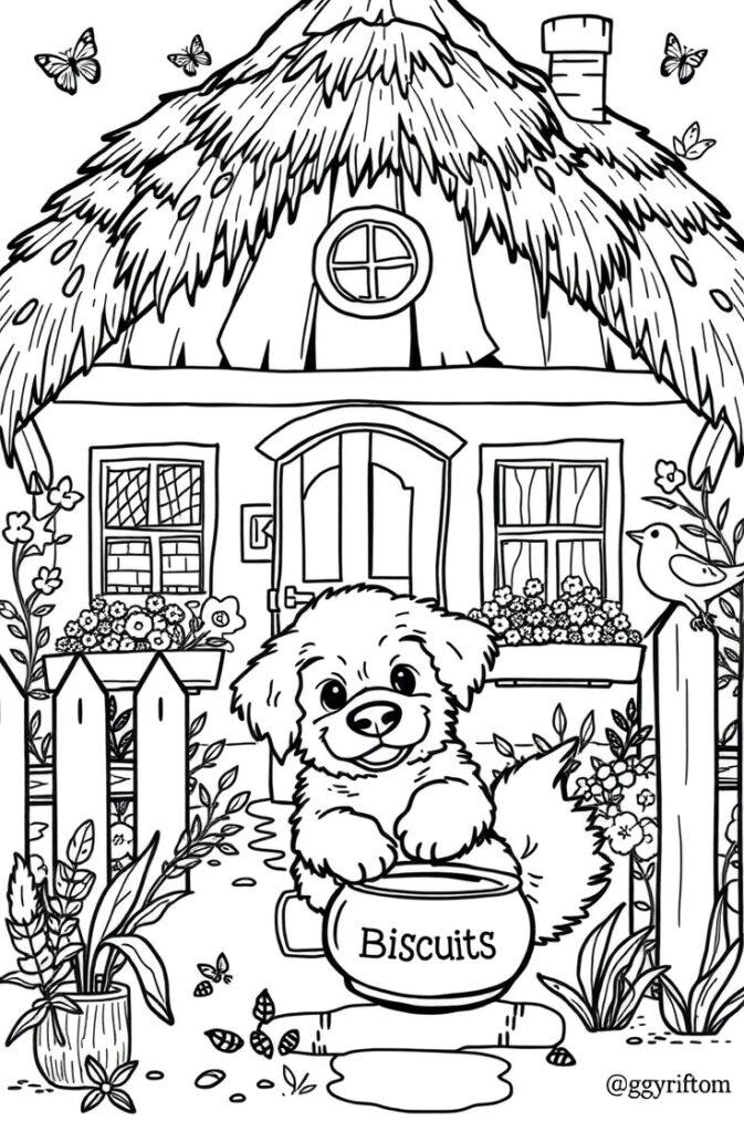 Printable coloring sheet of a smiling puppy with a bone