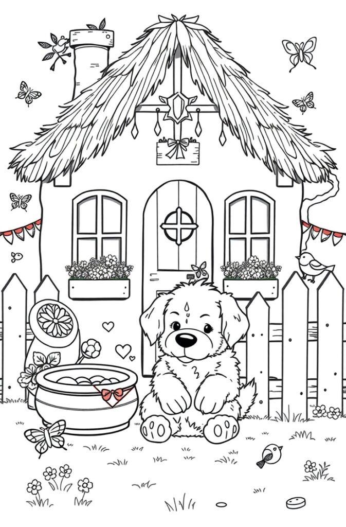 Coloring page of a puppy sitting in a basket, surrounded by flowers