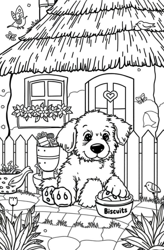 Puppy coloring sheet with a dog wearing a scarf