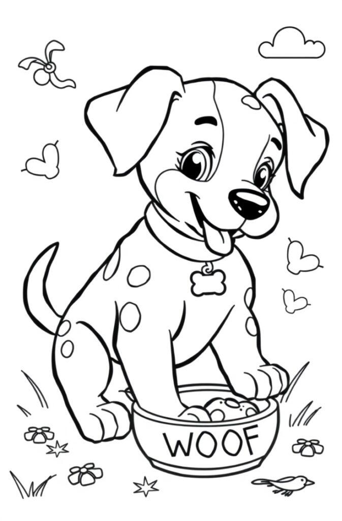 Coloring page of a puppy looking at a butterfly
