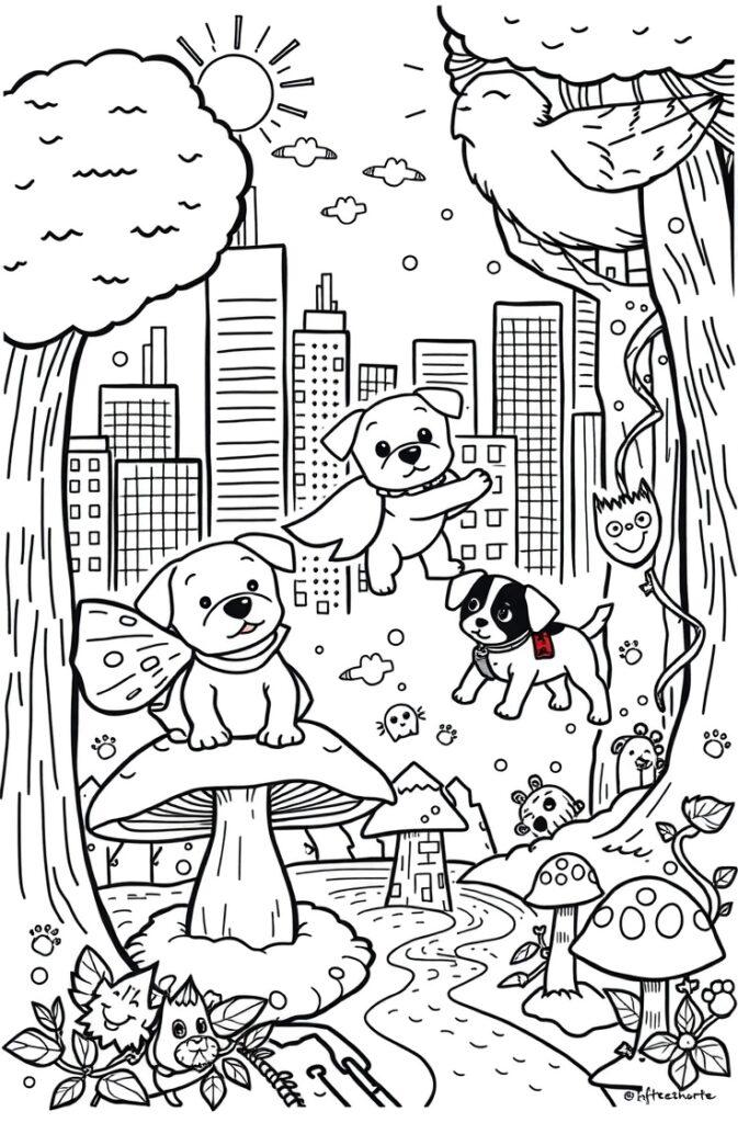 Puppy with a bone coloring page for kids.