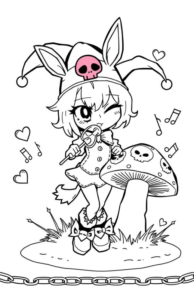 Cute Kuromi coloring pages featuring chibi Kuromi with a lollipop and skull hat next to a mushroom.