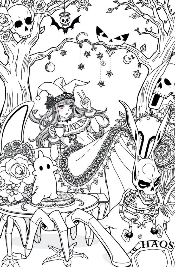 Fantasy scene with Kuromi and skeleton bunny, skull trees, and magical tea party setup.