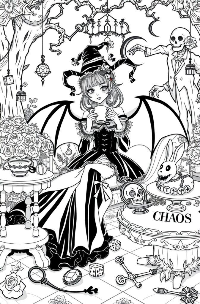 Kuromi sitting at a gothic tea party table with a skeleton in the background and CHAOS theme