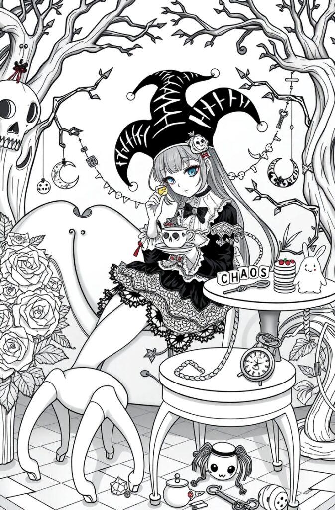 Kuromi wearing a jester hat holding a lollipop at a spooky tea party table with CHAOS theme