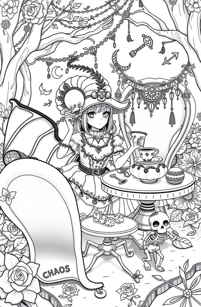 Kuromi as a witch at a tea table with skulls, dice, CHAOS text and detailed fantasy background