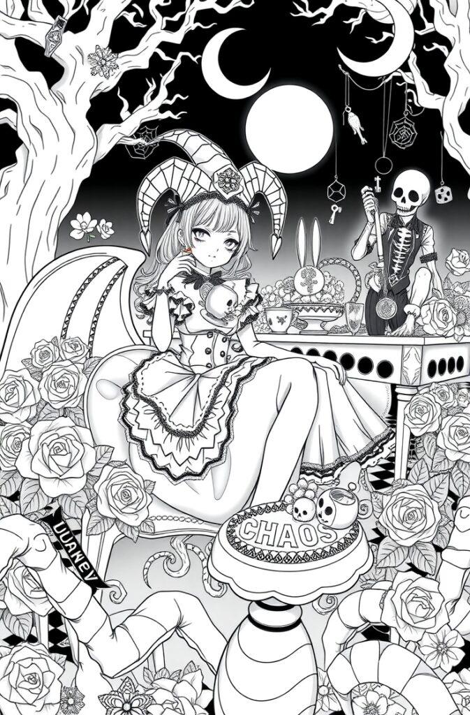 Kuromi under moonlight at a CHAOS-themed tea table with skeleton and gothic trees