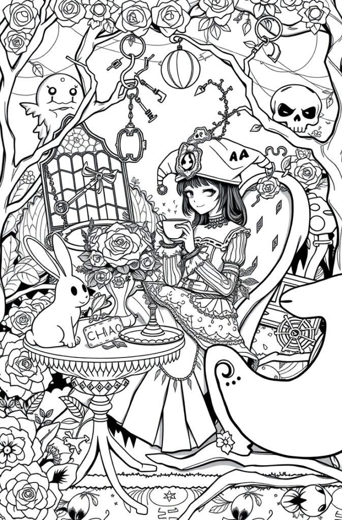 Kuromi enjoying tea with a bunny and roses in a forest with floating keys and skulls