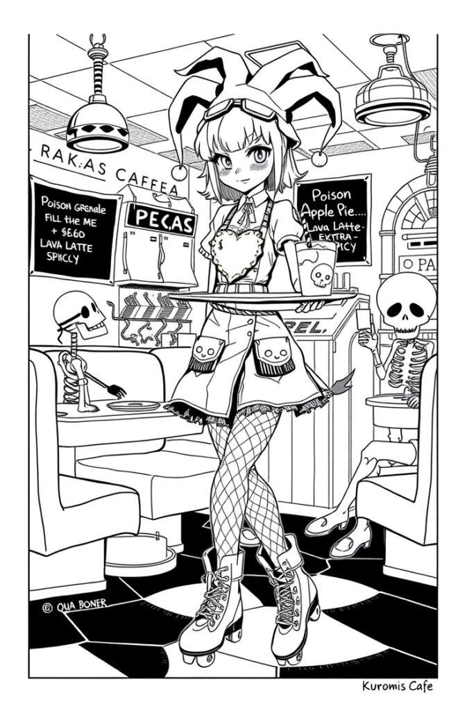 Kuromi as a gothic waitress on roller skates serving drinks in a skeleton-filled café
