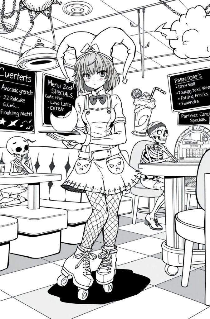Kuromi on roller skates with jester hat serving food in haunted diner with skeletons