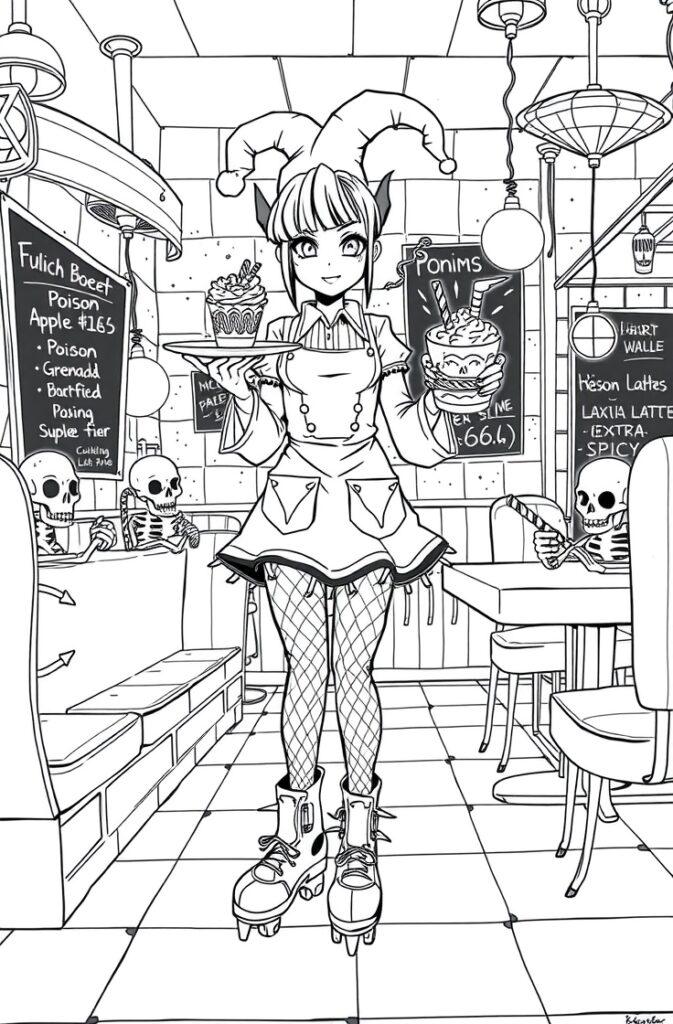 Kuromi in apron and roller skates serving cupcakes and drinks with skeleton cafe customers