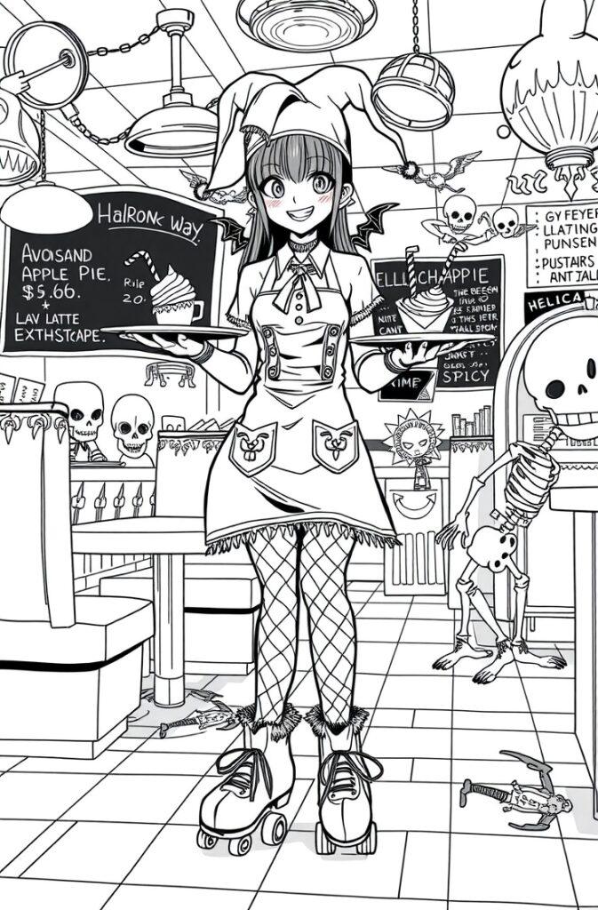 Cute Gothic Kuromi at Halloween Café – Coloring Page