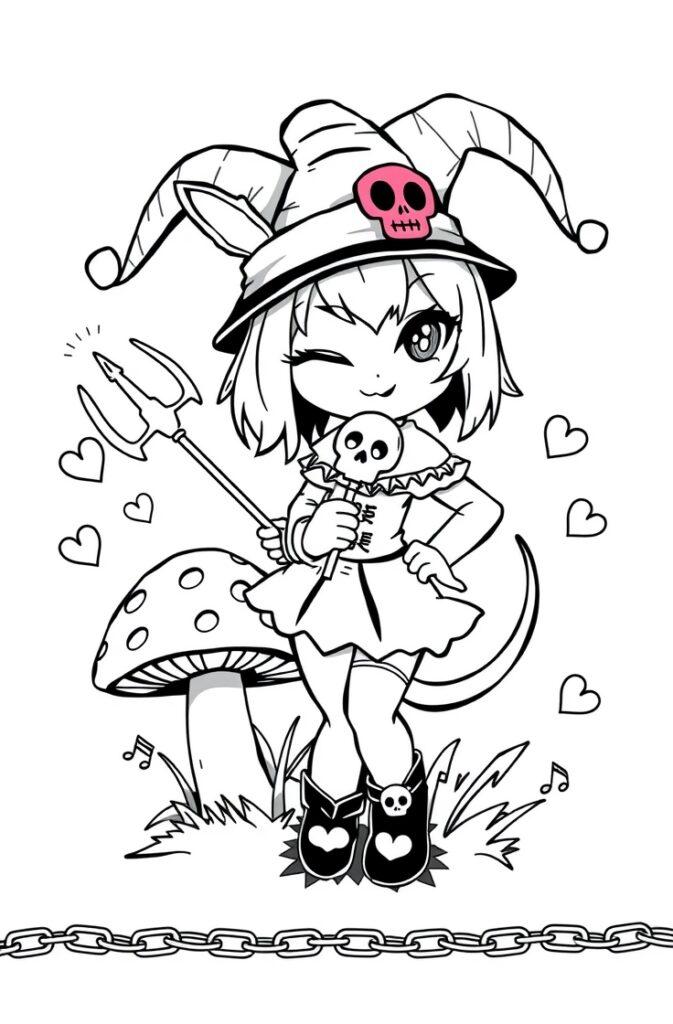 Chibi Kuromi holding a devil trident with a skull lollipop standing beside a mushroom.