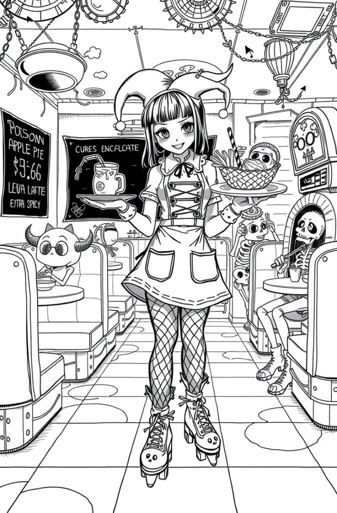 Kuromi smiling while serving fries and drinks at a spooky retro café filled with skeletons