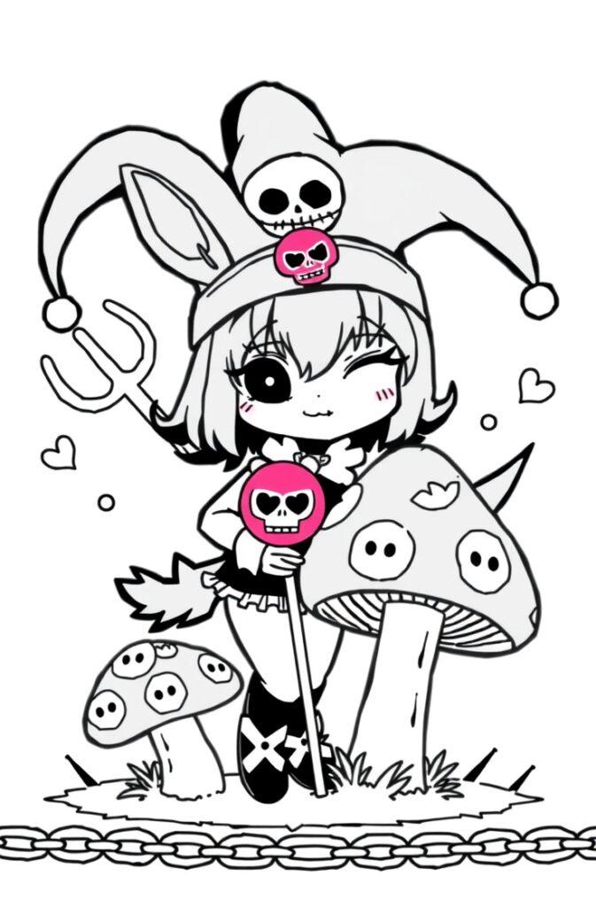 Kuromi sitting at a gothic tea party table with a skeleton in the background and CHAOS theme