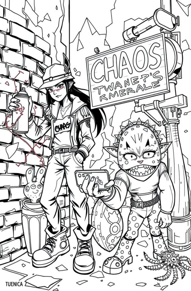 Kuromi graffiti art coloring page with chaos street sign and anime-style characters