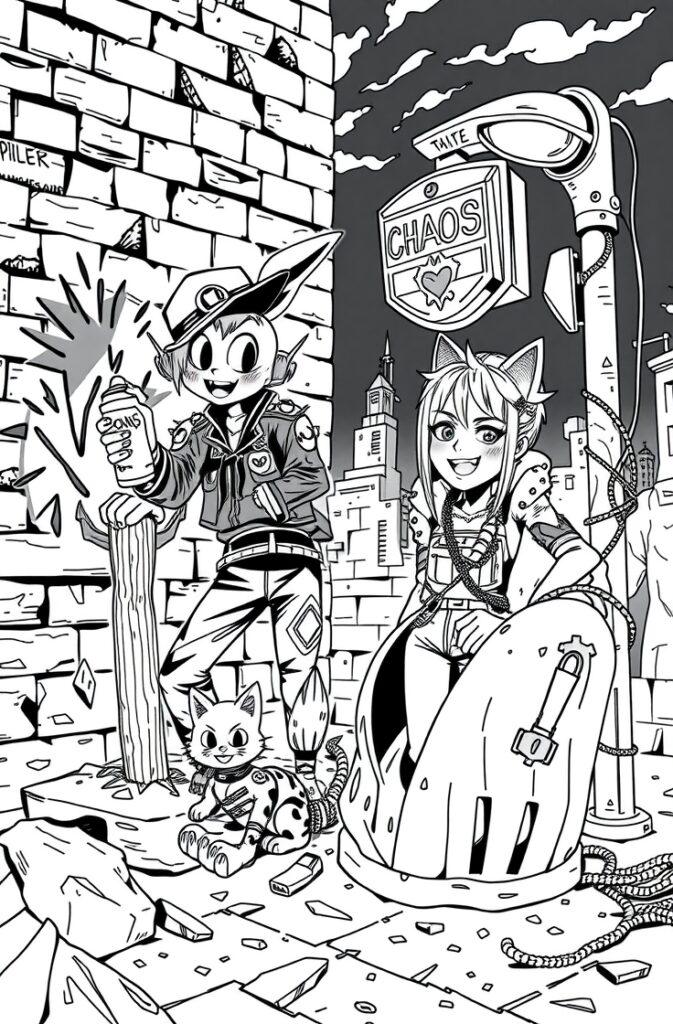 Cute Kuromi-themed graffiti wall with cat and anime-style characters coloring page