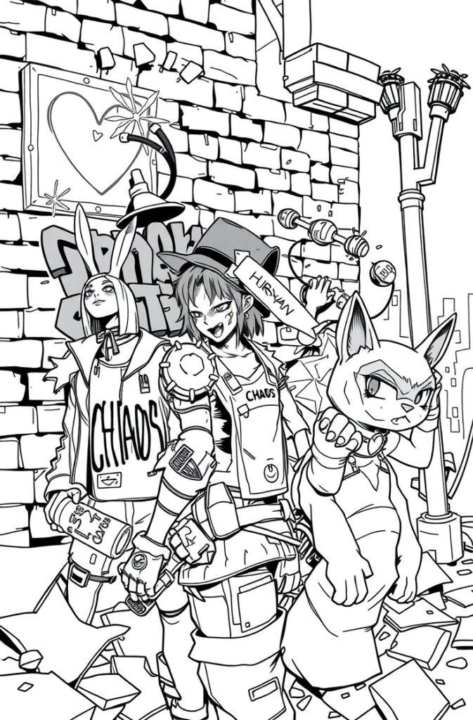 Kuromi characters with bunny ears and urban graffiti coloring page