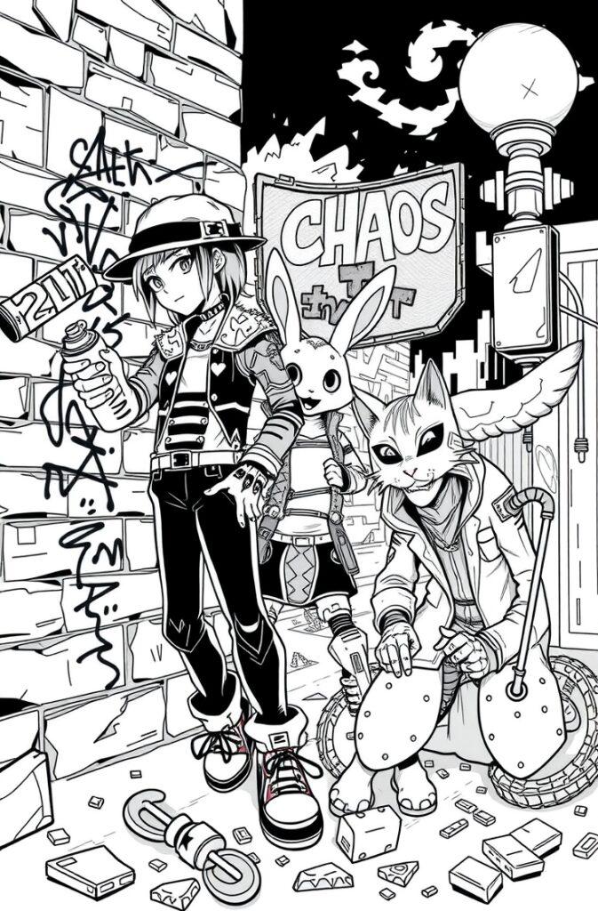 Anime-style Kuromi street gang with spray paint and wings coloring page