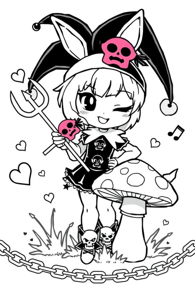 Kuromi with pink skull hat, holding trident and skull in cute gothic outfit.