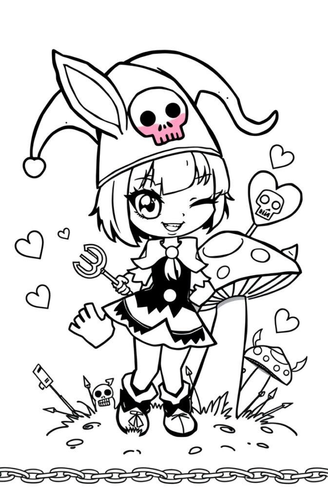 Winking Kuromi with tiny trident, surrounded by hearts and a mushroom.