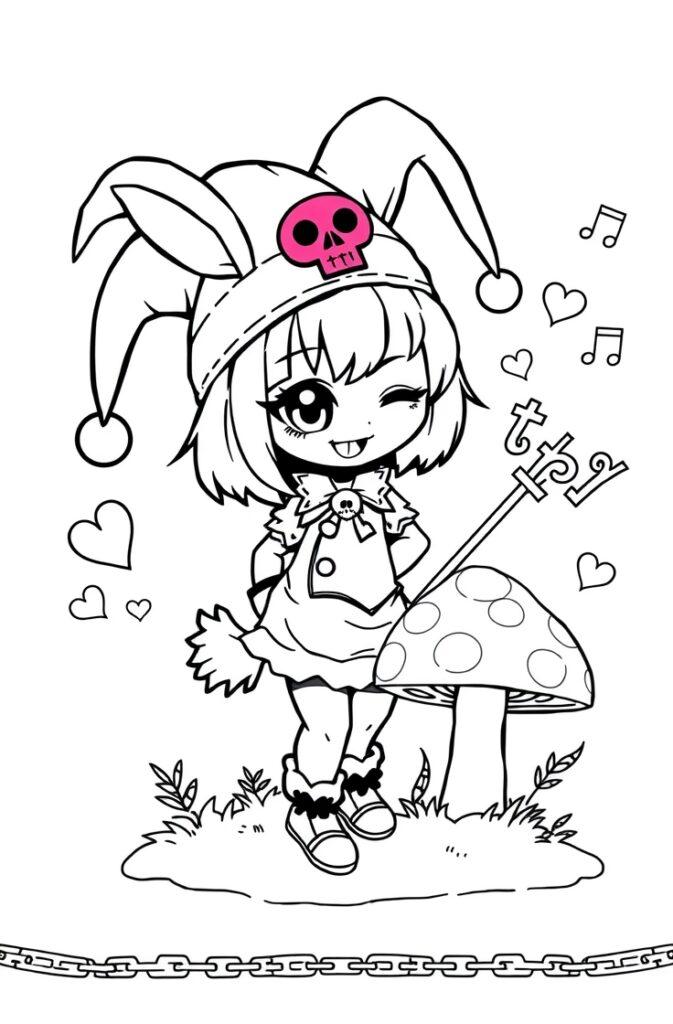Kuromi in a bunny witch hat holding a trident and smiling with mushroom and music notes.