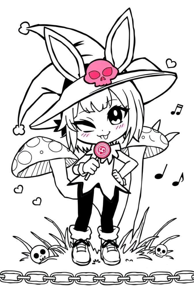 Kuromi with wide-brim hat and skull lollipop next to mushrooms and hearts.