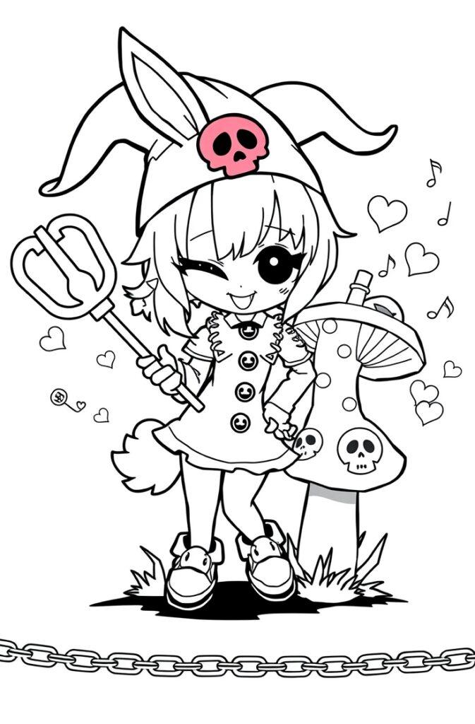 Kuromi holding trident with mushrooms and musical notes, wearing her classic bunny hat.