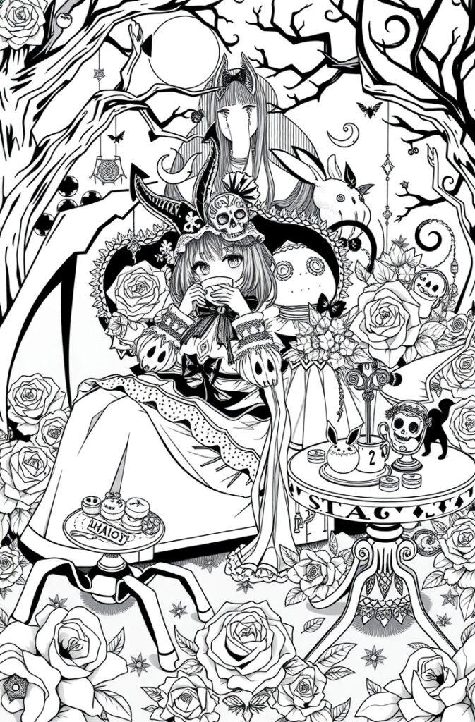 Detailed Kuromi tea party with roses, skulls, and spooky decor in gothic wonderland.